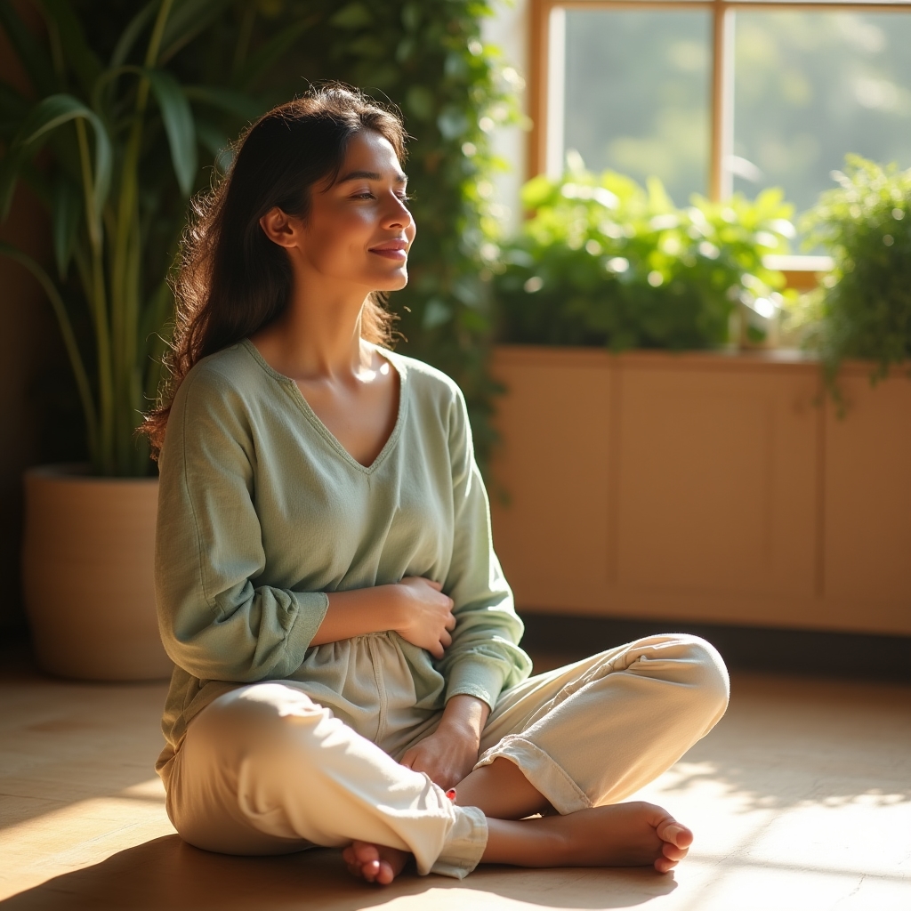 Persona practicando ejercicio de respiración consciente por la mañana